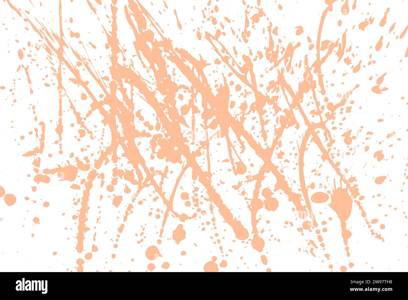 Abstract vector grunge illustration. Peach fuzz splashes of paint on a white background. Stains, drops, spots, ink prints. Messy handcrafted texture b Stock Vector
