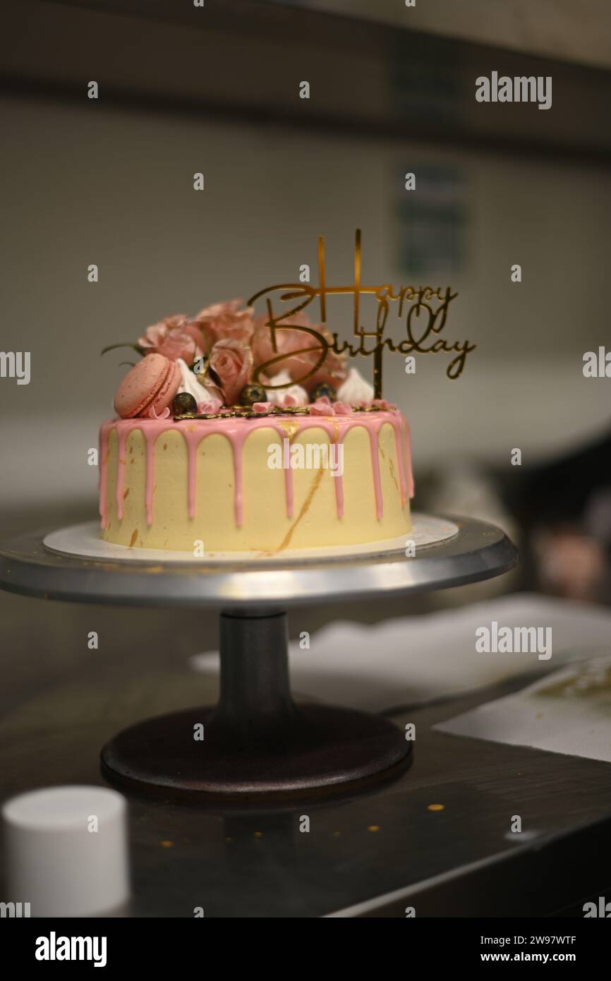 fresh frosted icing dripping pink vanilla birthday cake real roses and ...