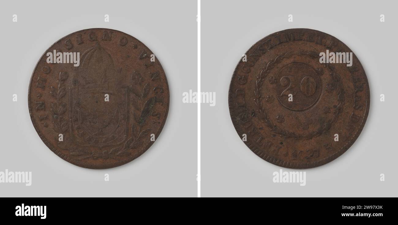 20 Journey of the Empire Brazil of D. Pedro I, 1827 ,, 1827 coin Copper mint. Front: between two bound branches crowned coat of arms of Brazil. Rail side: Inside the circle of flowers no longer visible value designation: 40, on which a circular knock with new value designation: 20 is applied in a horizontally shaded field. In the change under the year with the right of it letter R [= rio]. Cartel edge. Rio de Janeiro copper (metal) striking (metalworking) Stock Photo