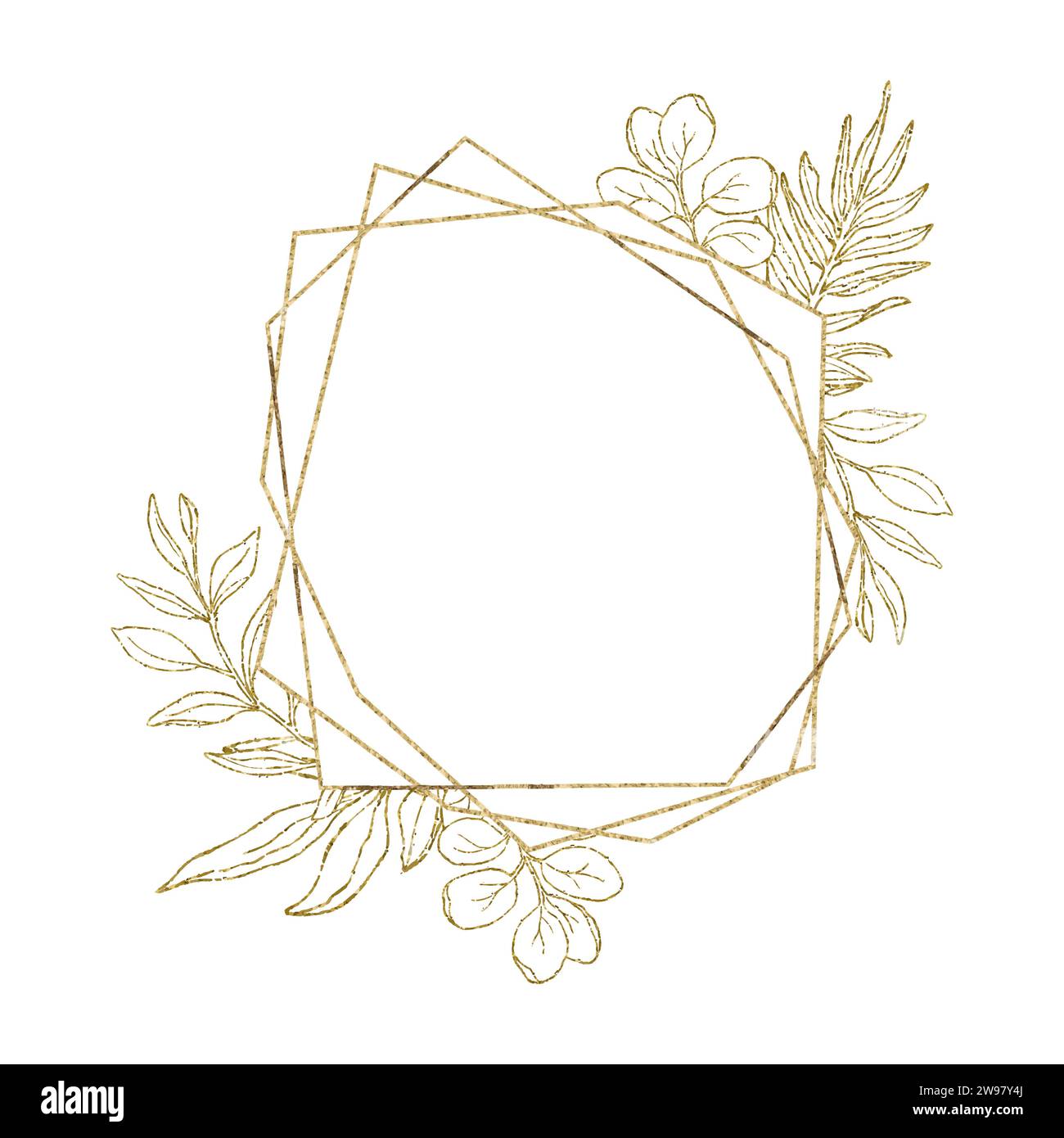 Eucalyptus line art, gold glitter geometry leaves frame for card or invitation, vector illustration, isolate on white background. Stock Vector