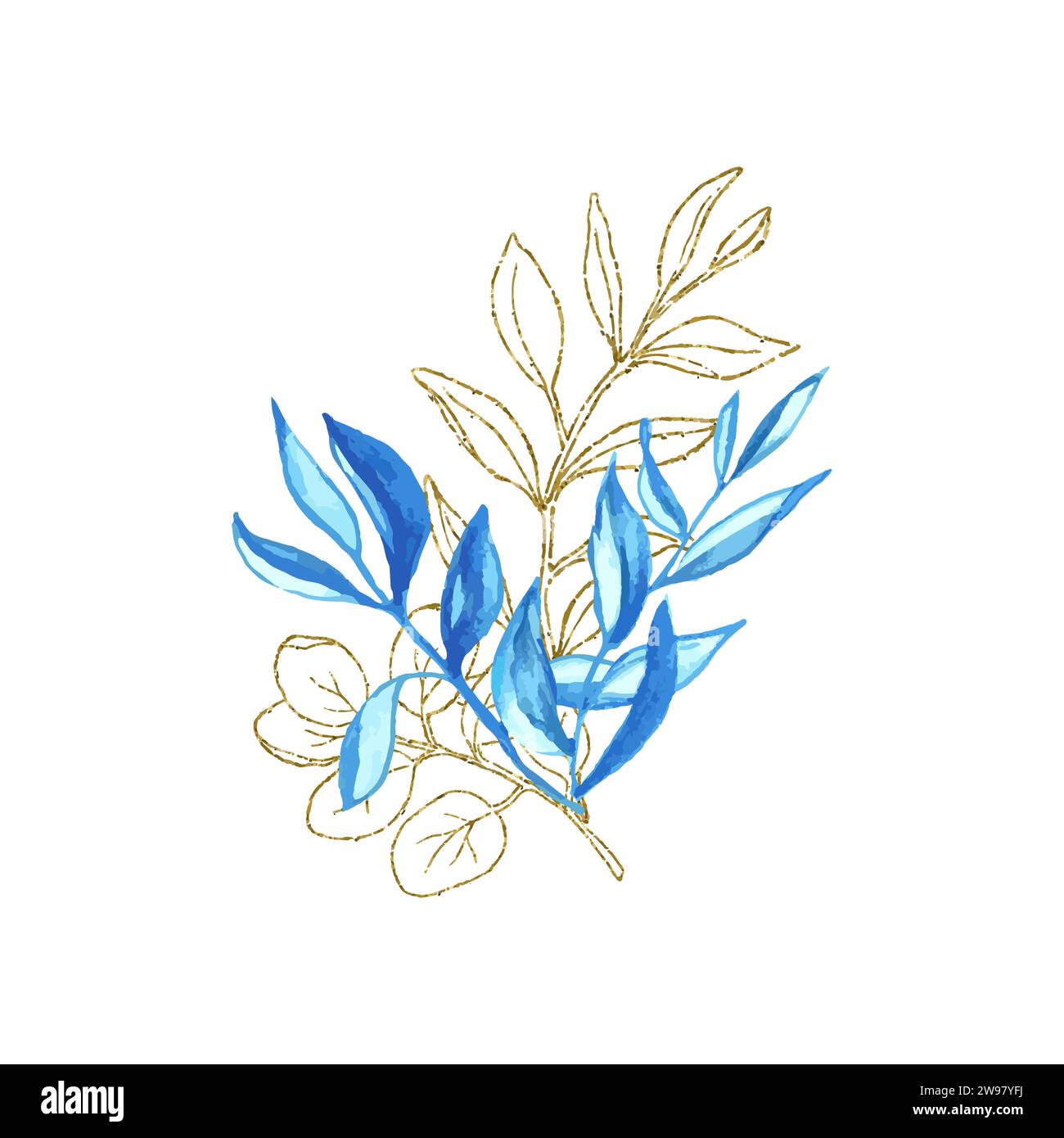 Botany bouquet with glitter line art and watercolor leaves for design of card or invitations. Vector floral illustration, isolate on white background. Stock Vector
