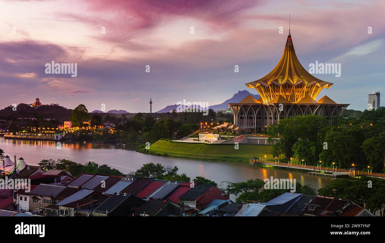 The Sarawak State Legislative Assembly Building, ASTANA and DBKU building located in Kuching Waterfront. Stock Photo
