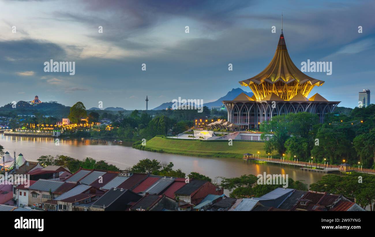 The Sarawak State Legislative Assembly Building, ASTANA and DBKU building located in Kuching Waterfront. Stock Photo