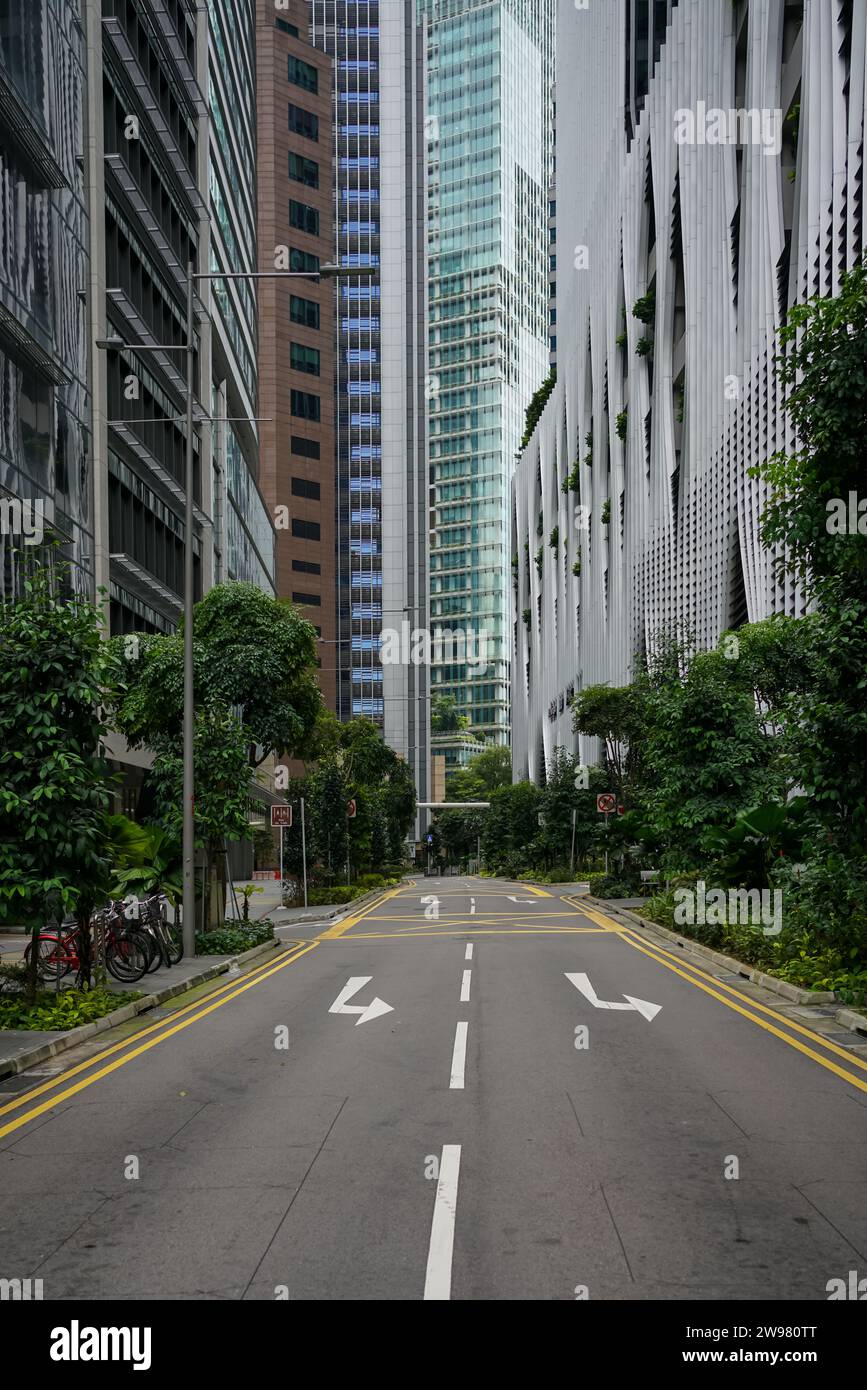 A city skyline featuring Empty Central business district road, Singapore Stock Photo