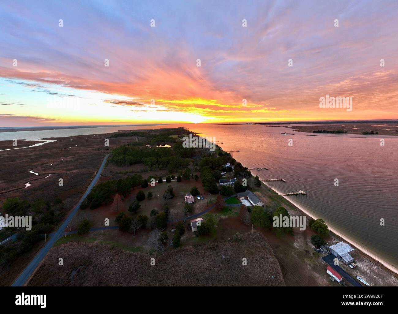 An aerial view of Princess Anne, Maryland with marshlands and waterways