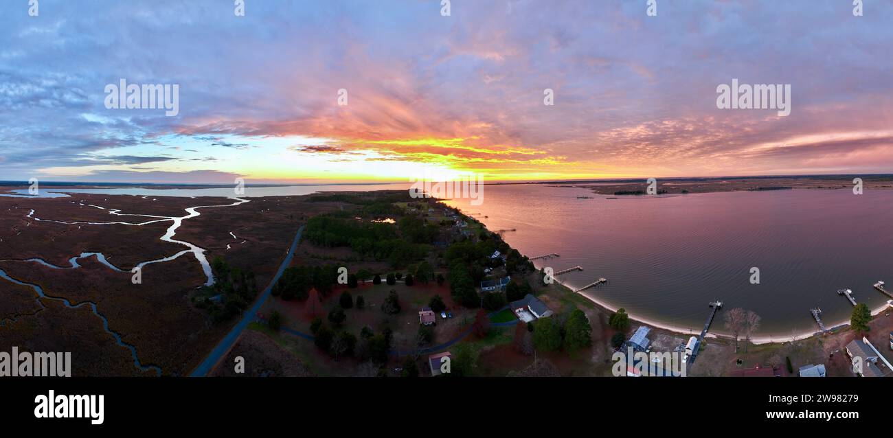 An aerial view of Princess Anne, Maryland with marshlands and waterways
