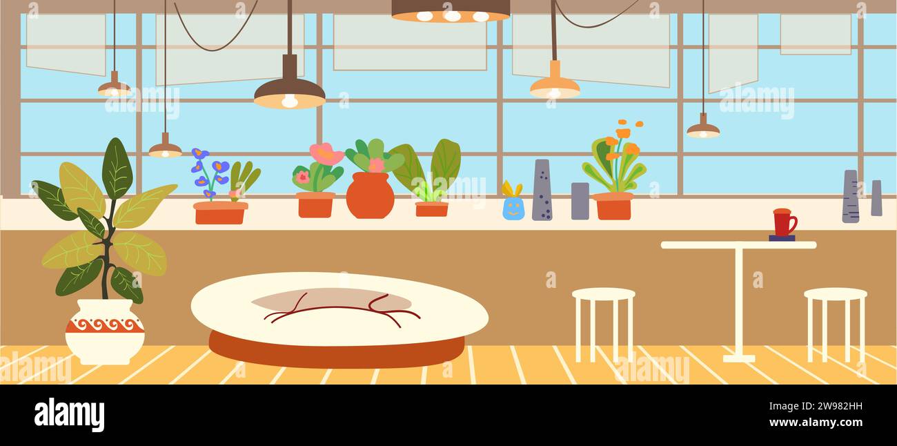 Apartment interior, kitchen, dining room and living room. Indoor plants, cozy home. Vector illustration. Stock Vector