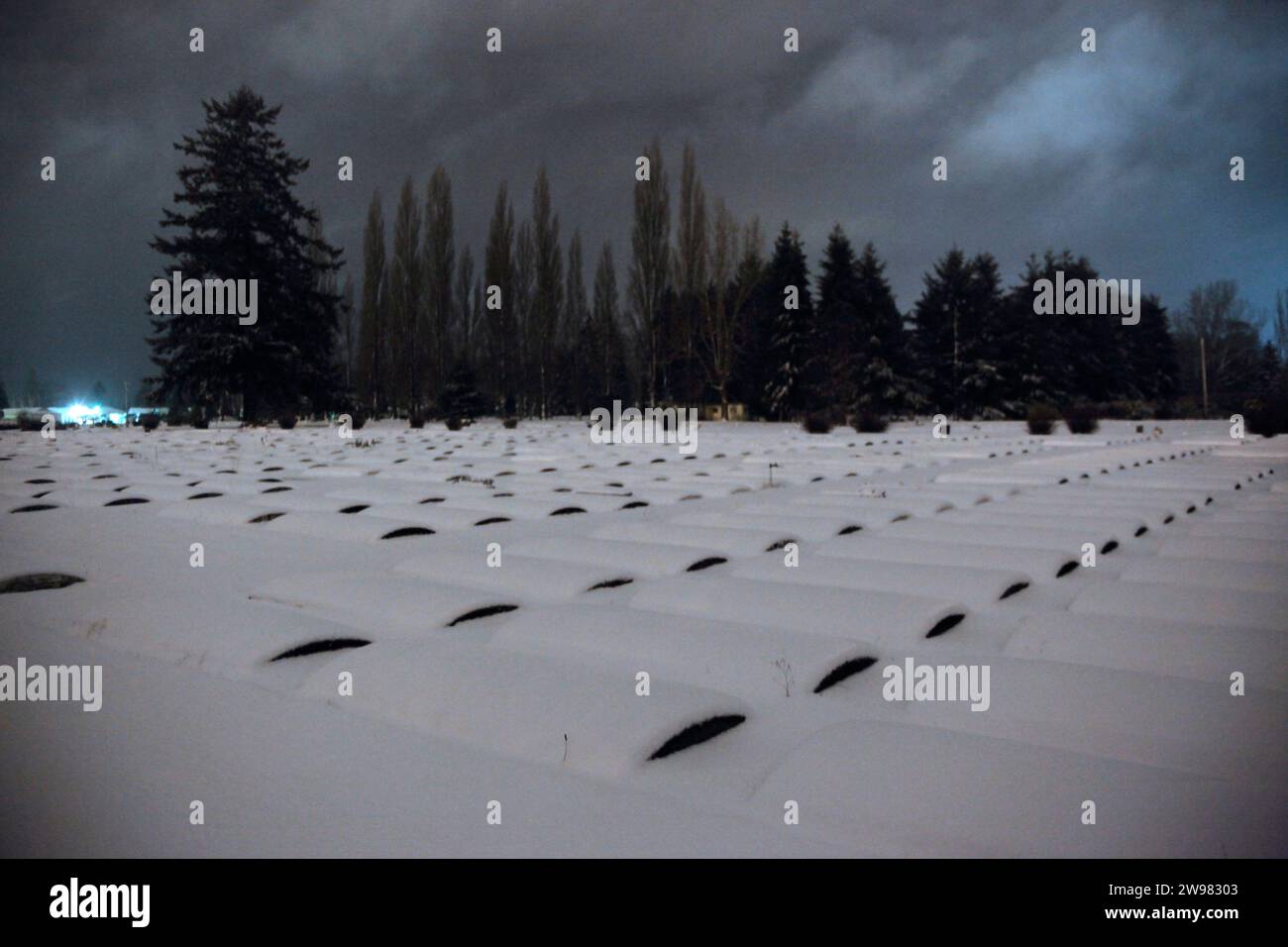 Symmetrical cemetery plots are covered in snow at night in Washington. Stock Photo