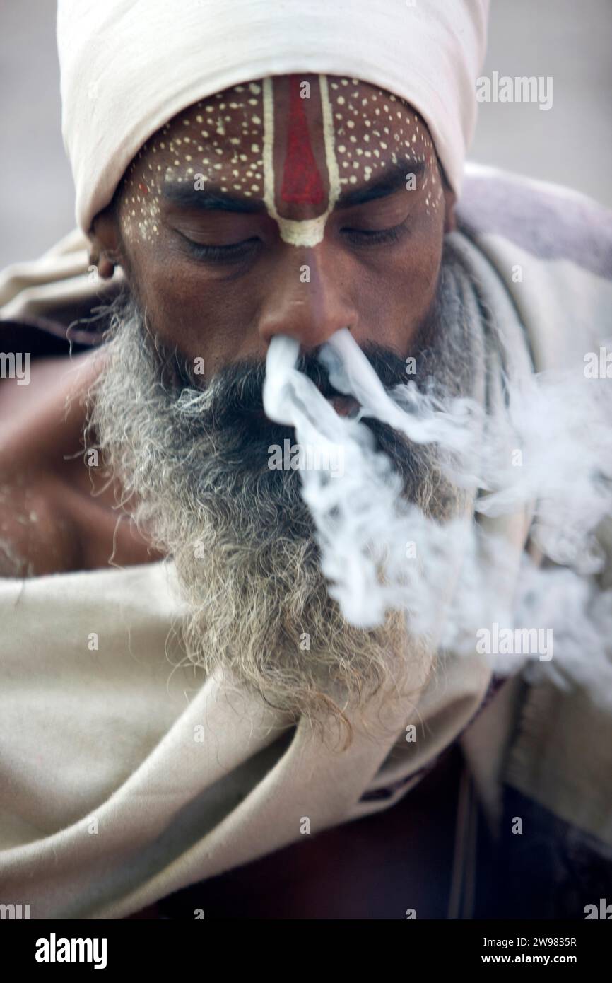 A Sadhu smoking a mixture of tobacco and hashish, or charas, in a straight clay pipe called a chillum. Stock Photo