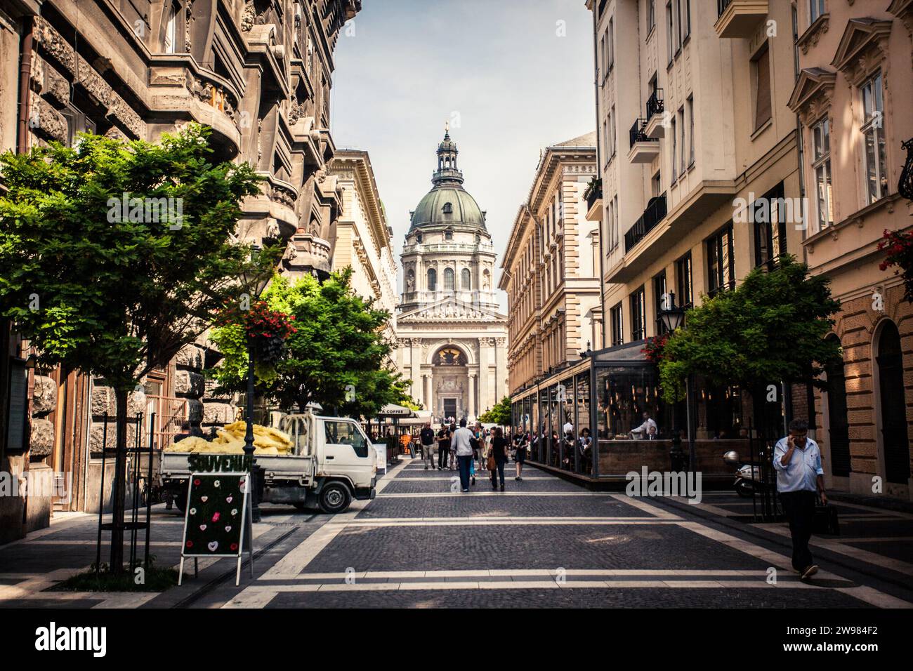 Pedestrian walking street with restaurants and shops in Budapest, Hungary. Stock Photo