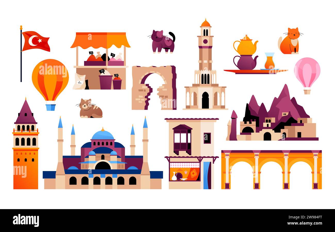 Sights of Turkish Cities - flat design style objects set Stock Vector