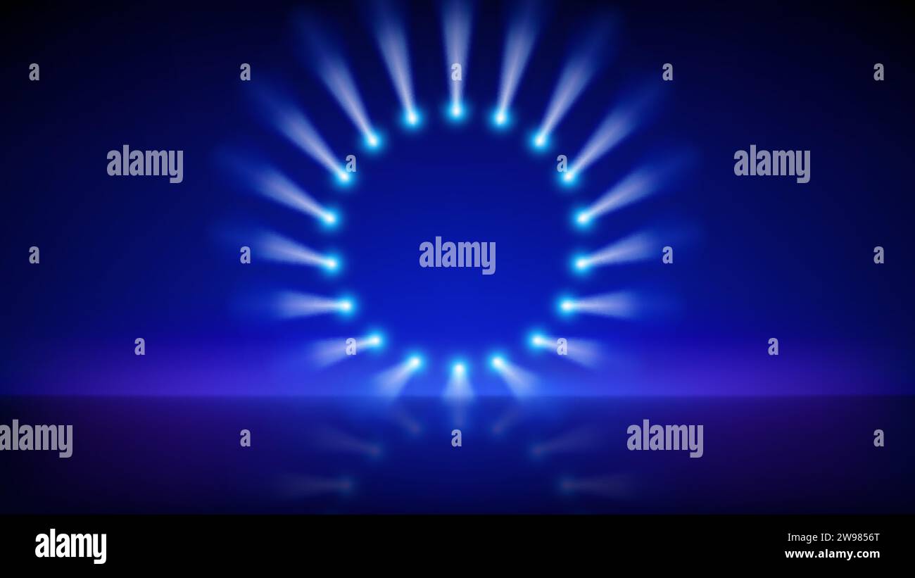 Stage, spotlights in a circle. Blue backdrop, background for displaying ...
