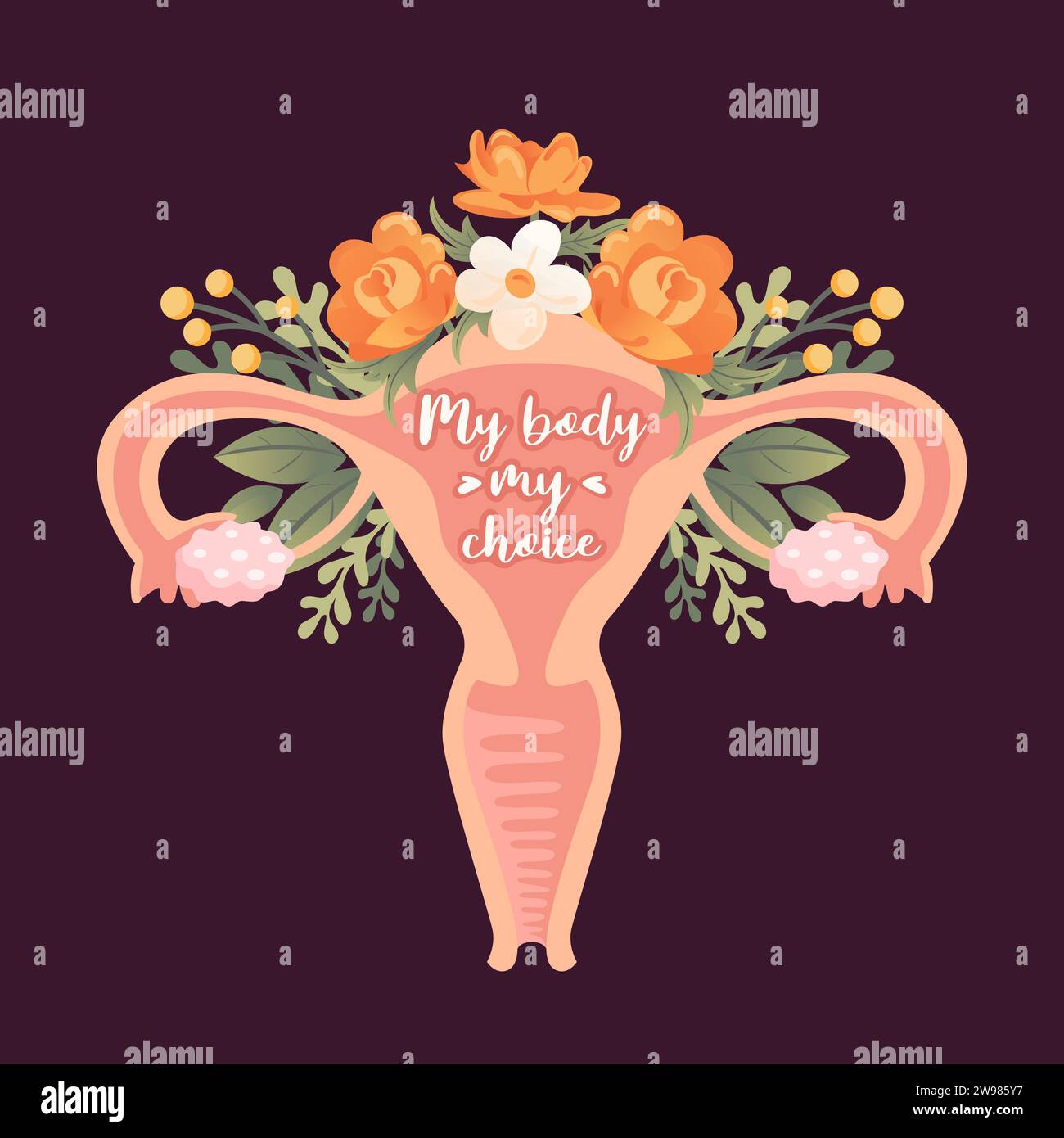 My body my choice. Uterus and flowers. Women Health. Female reproductive system, cycle. Womens Rights. Feminism Concept. organs of the uterus, cervix, Stock Vector
