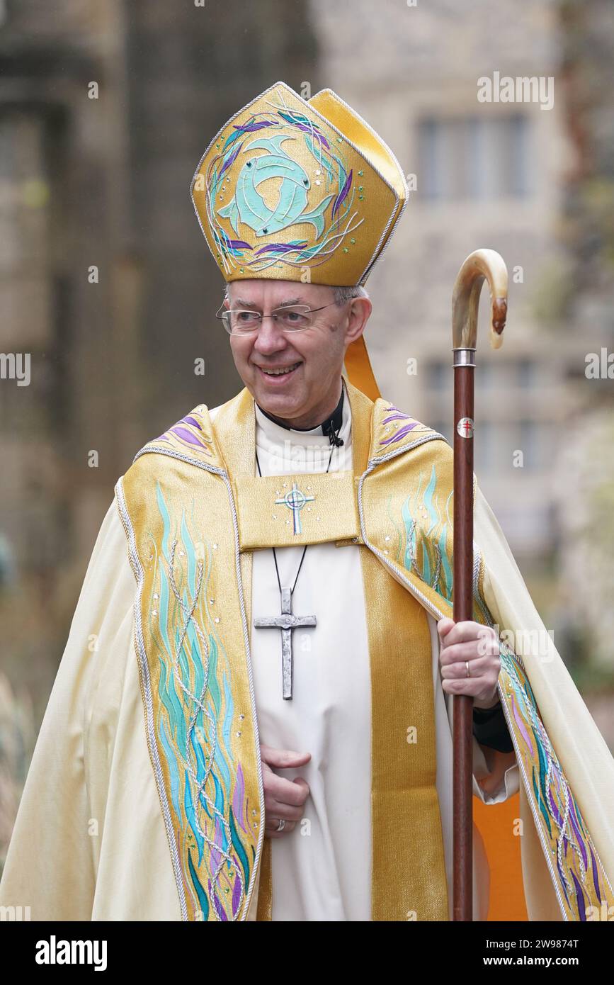 The Archbishop of Canterbury Justin Welby arrives for the Christmas Day Eucharist service at Canterbury Cathedral in Kent. Picture date: Monday December 25, 2023. Stock Photo