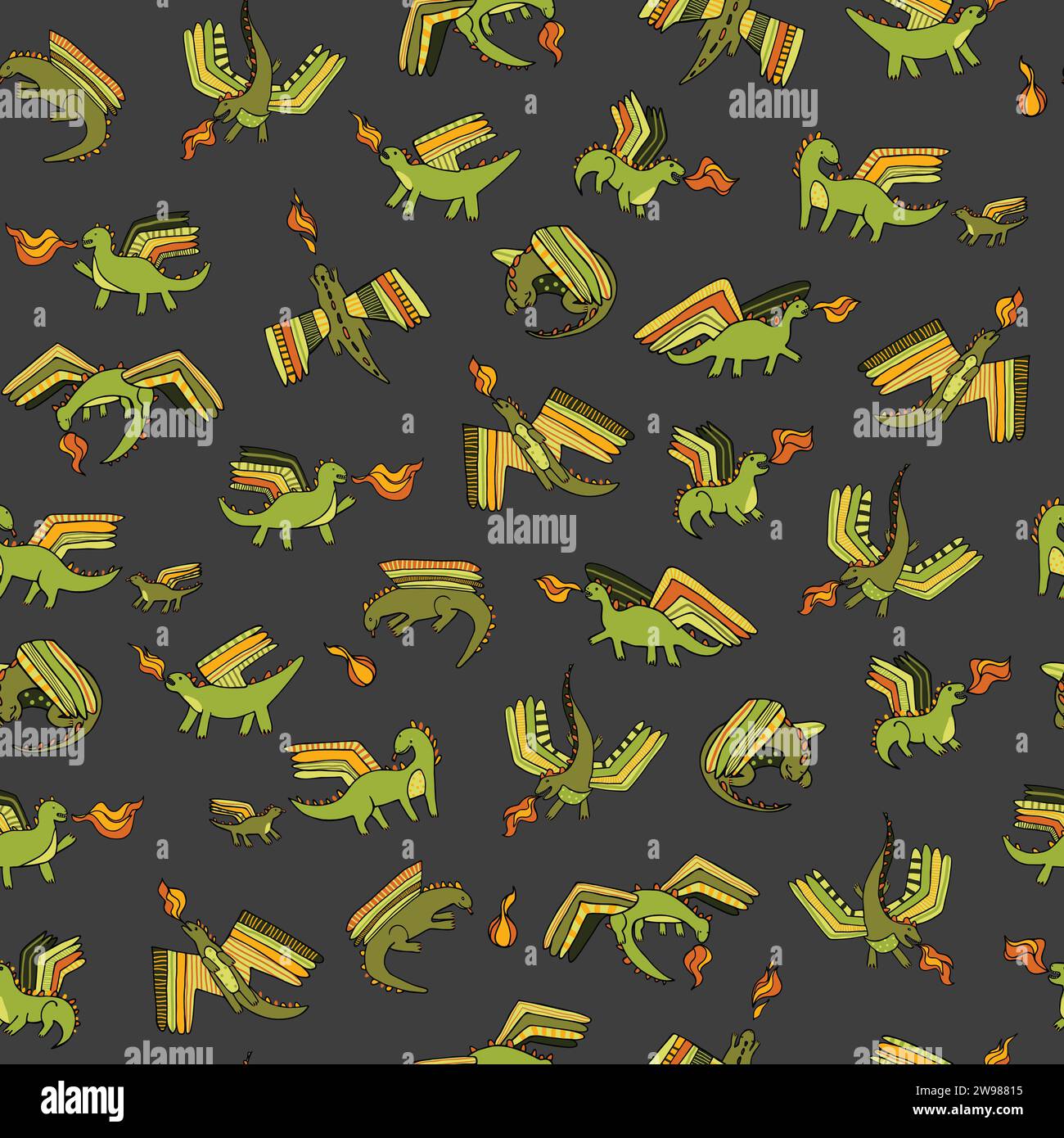 Cute little dragons with fire flying seamless vector pattern for ...