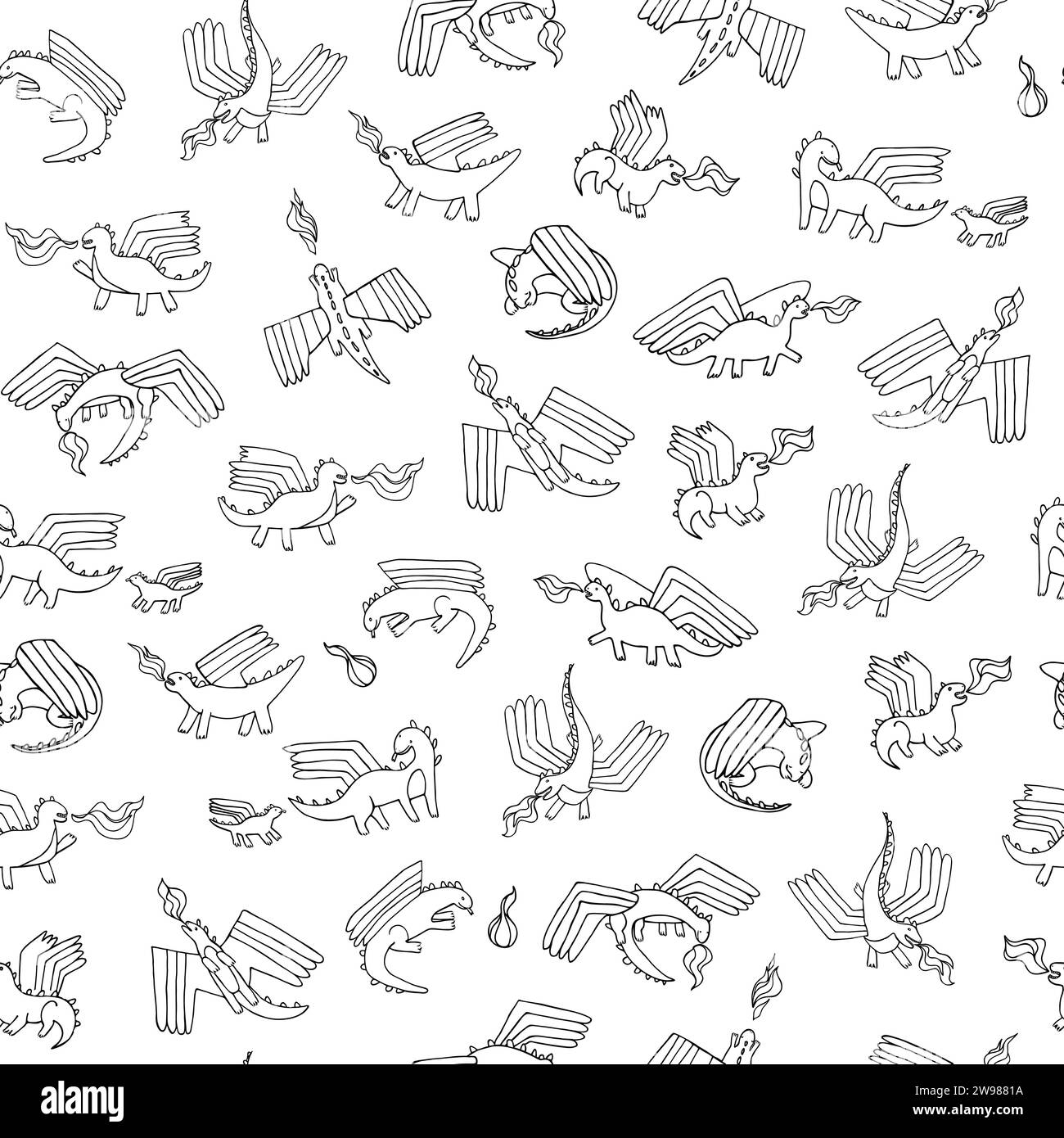 Cute little dragons with fire flying seamless vector pattern for textile and decoration Stock Vector