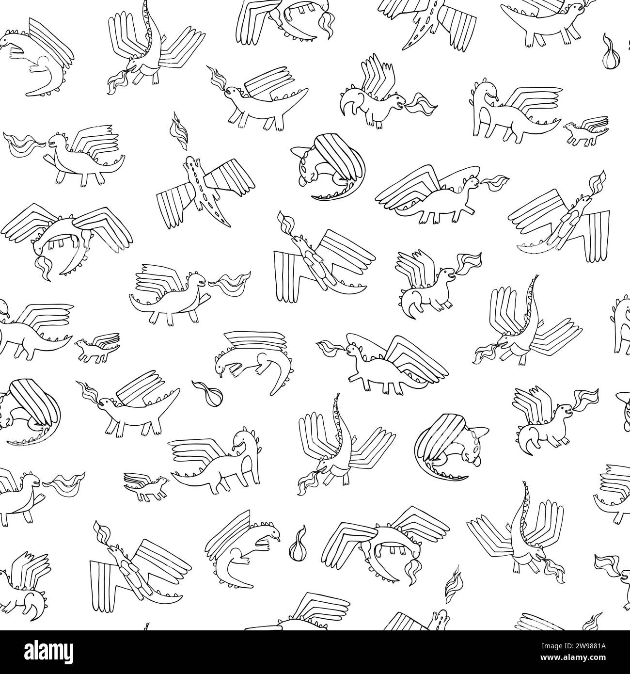 Cute little dragons with fire flying seamless vector pattern for ...
