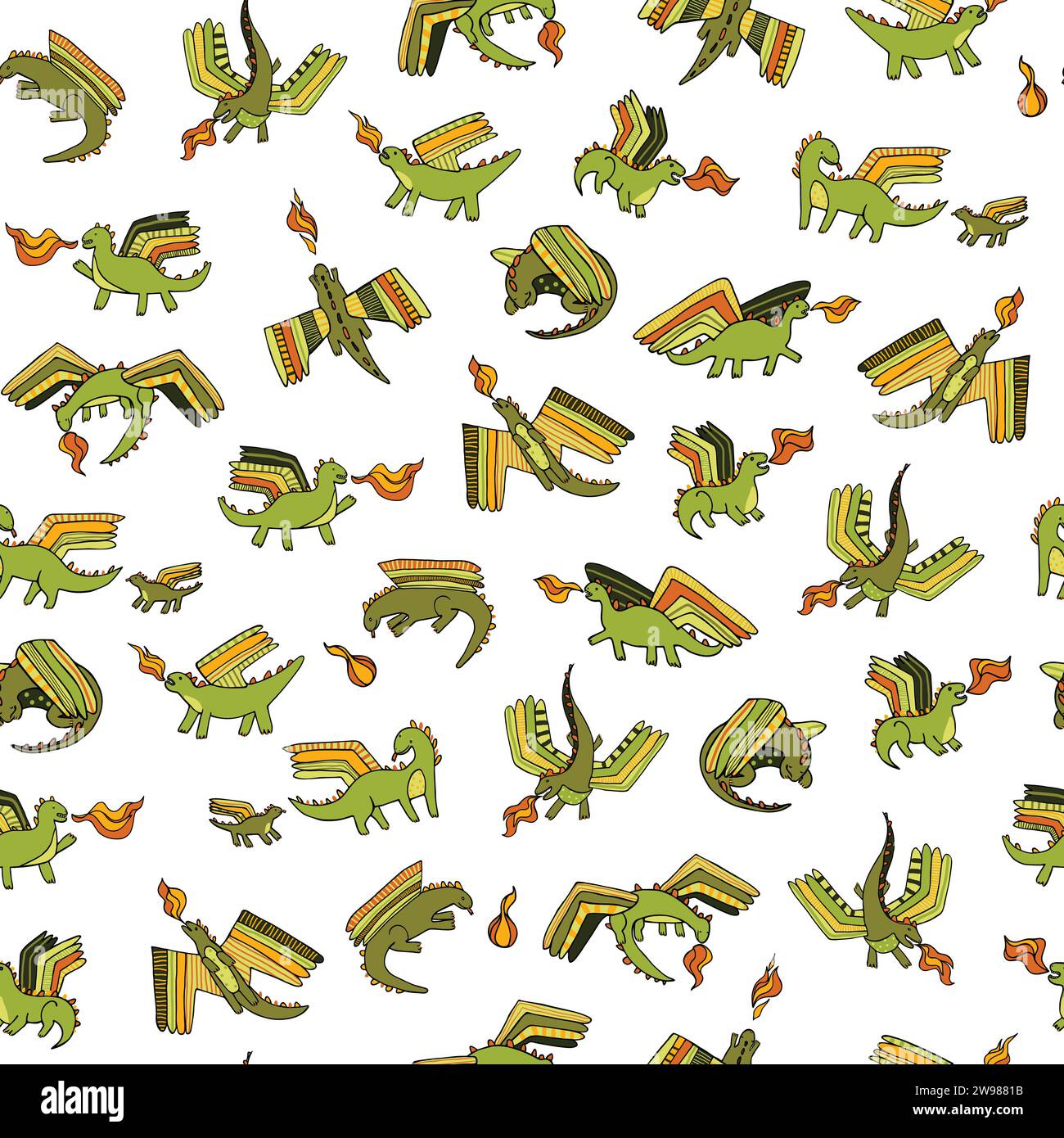 Cute little dragons with fire flying seamless vector pattern for ...