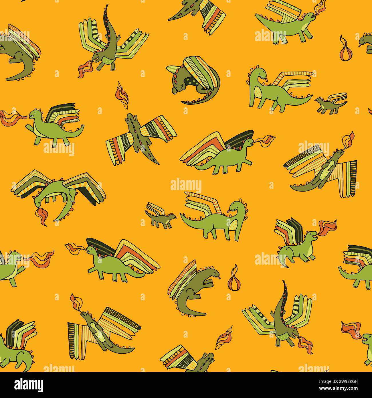 Cute little dragons with fire flying seamless vector pattern for ...