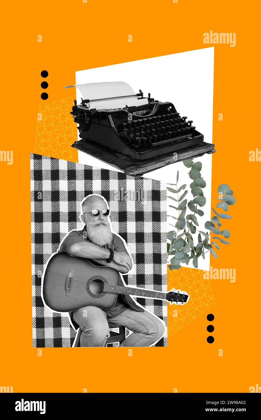 Vertical creative collage poster mature man guitarist player sitting thinking huge typing machine retro vintage culture yellow background Stock Photo