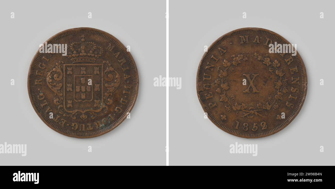 10 Journey from Madeira of the Portuguese Queen Maria II, 1852 ,, 1852 coin Copper mint. Front: decorated crowned coat of arms of Portugal. Reverse: between two together-bound branches of value indication: X. Calman: Pecunia Madeirensis with year at the bottom. Smooth edge.  copper (metal) striking (metalworking) Stock Photo