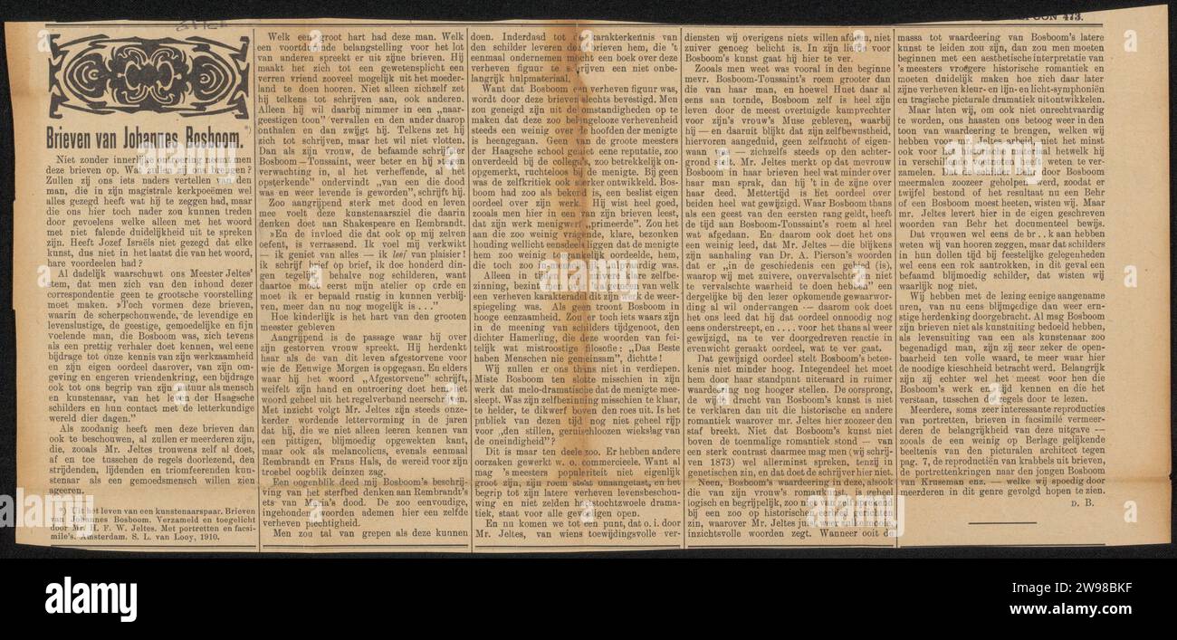 Newspaper clipping from Jan Veth Archive, Unknown, 1910 newsprint