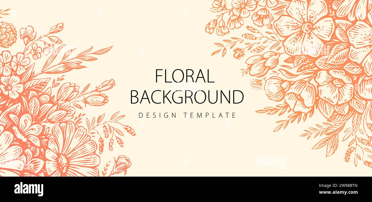 Hand drawn floral background with wildflowers and flowers, herbs, leaves. Design template for wedding invitation card Stock Vector