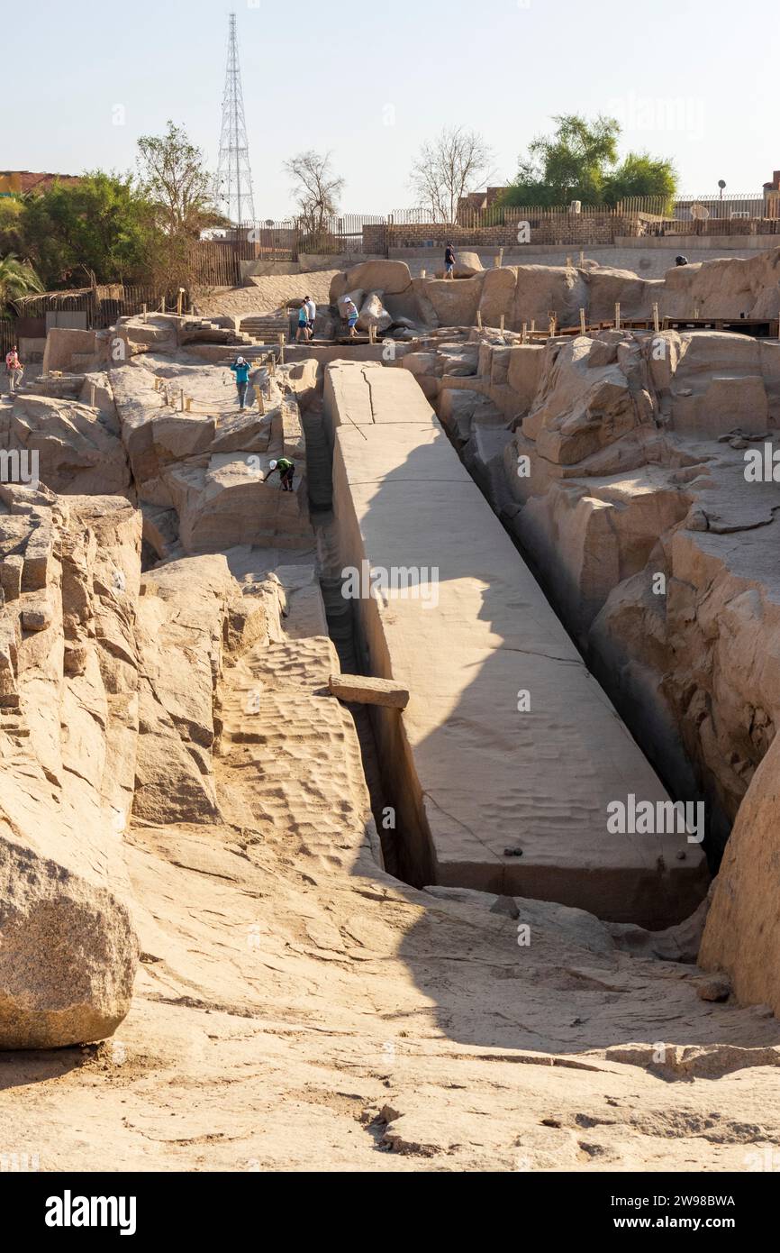 Unfinished obelisk with scoop marks, rose granite, quarry, Aswan, Egypt, North Africa Stock Photo