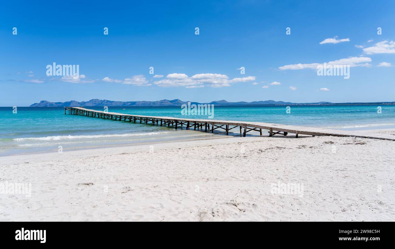 Landscape with boardwalk at the coastline of Playa de Muro in Alcudia bay, Majorca Island, Spain Stock Photo
