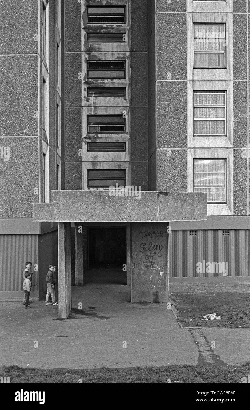 Entrance, Tower Block, children, Ballymun, Dublin, Republic of Ireland