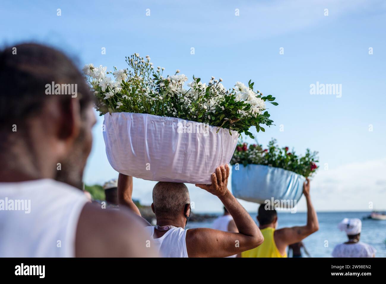 Salvador, Bahia, Brazil - January 30, 2022: Gifts for iemanja are taken to the sea by fishermen in the city of Salvador, Bahia. Stock Photo