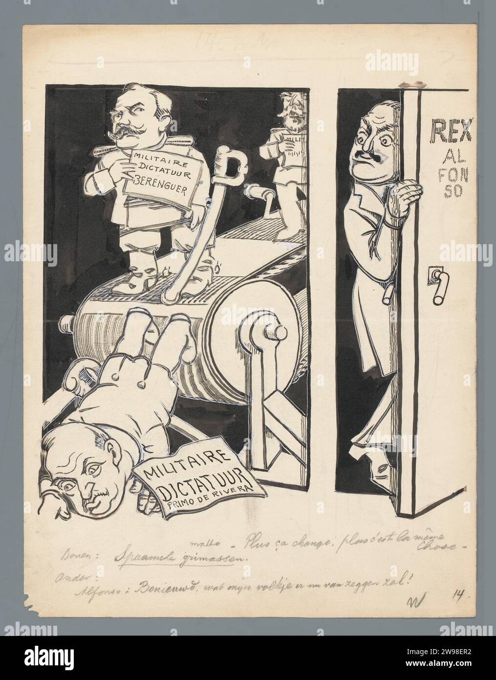 Sequence of Spanish dictatorships, Patricq Kroon, 1930 drawing The Spanish King Alfons XIII sees how the dictator Miguel Primo de Rivera falls off the assembly line and (in 1930) is succeeded by the next dictator DámaSo Berenguer. Design for a political cartoon. Netherlands paper. ink. paint (coating) pen / brush political caricatures and satires Spain Stock Photo