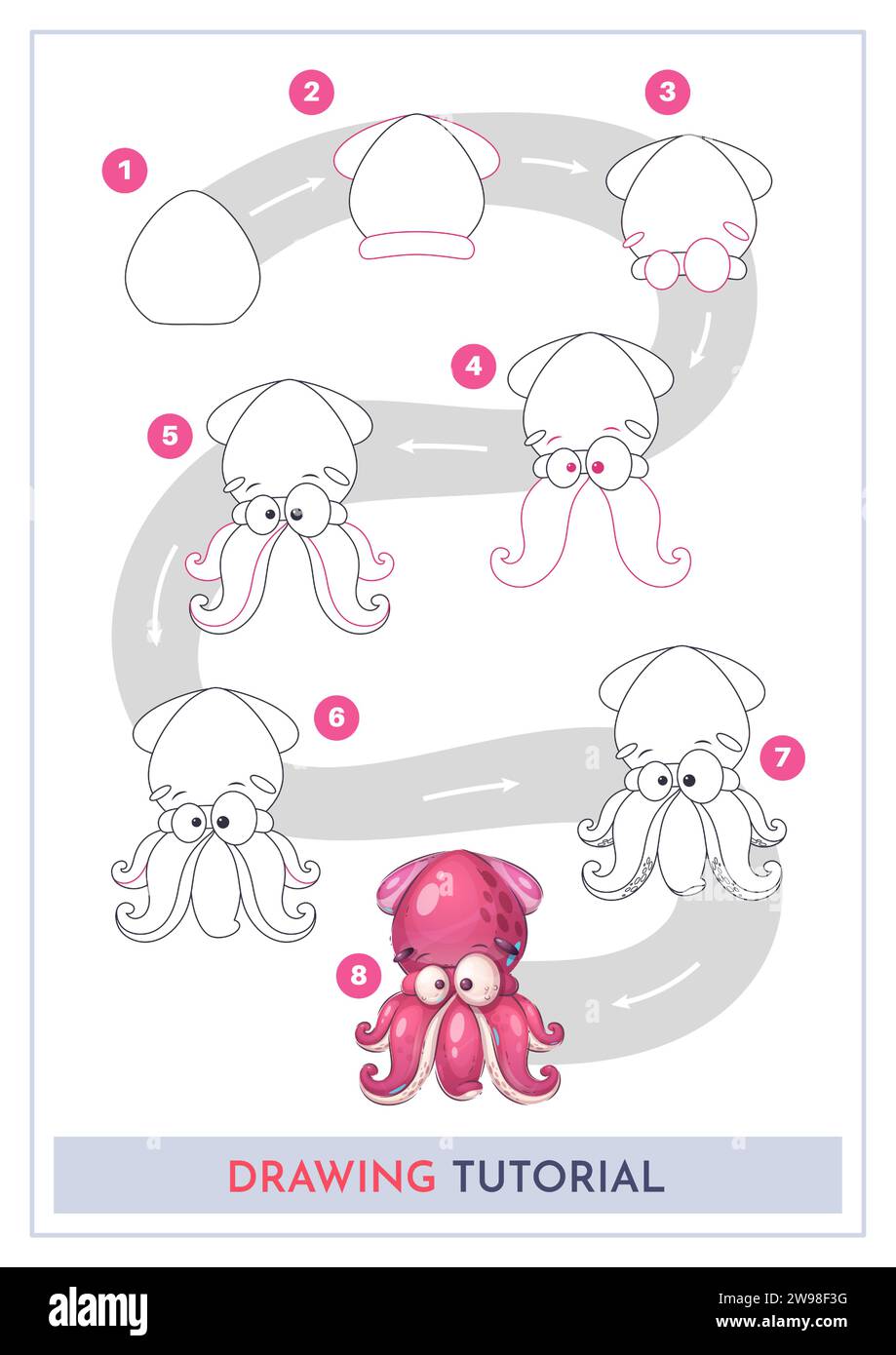 How to Draw a Squid. Step by Step Drawing Tutorial. Draw Guide. Simple Instruction for Kids and Adults. Stock Vector