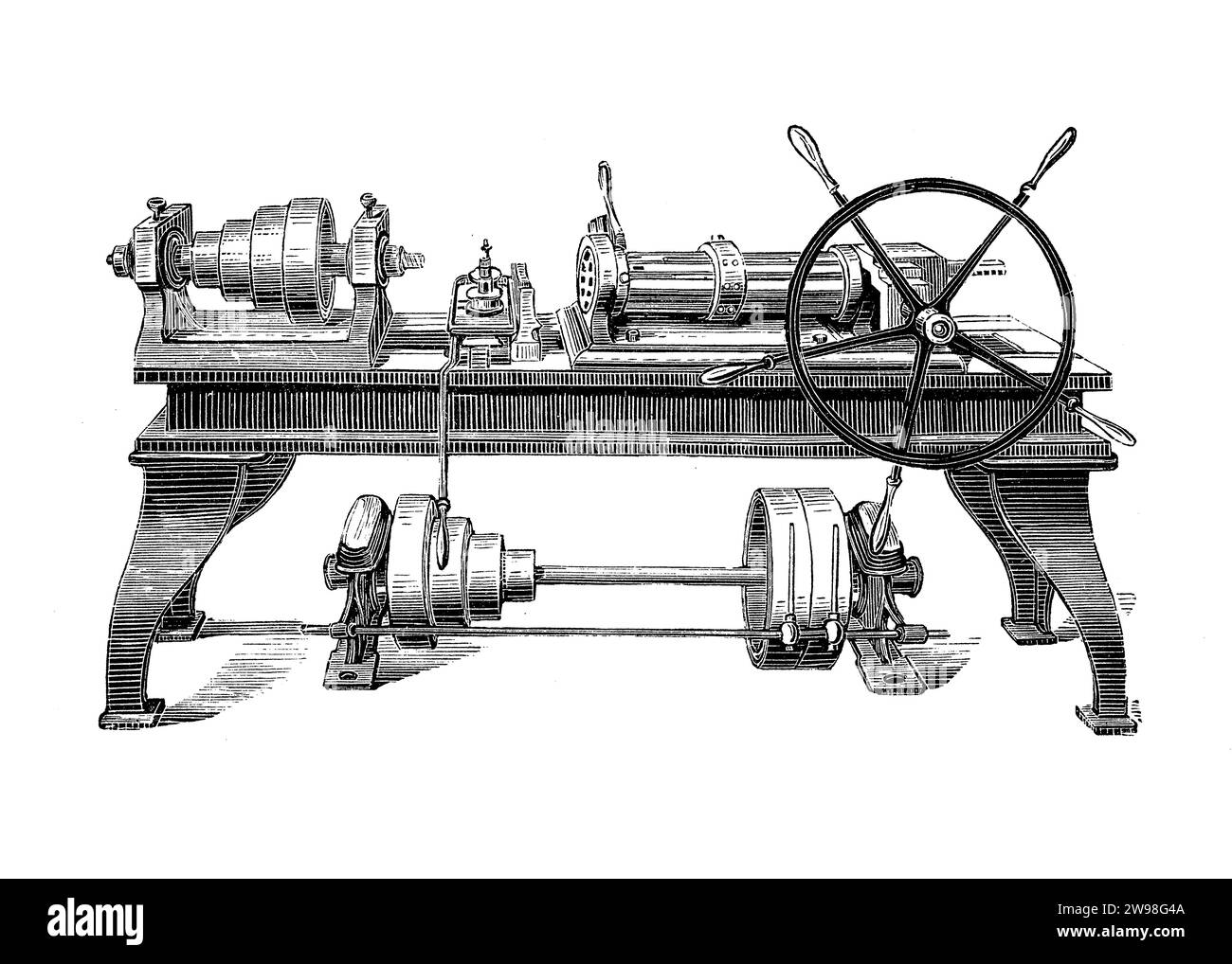 Horizontal drilling machine with 6 to 8 spindles, 19th century