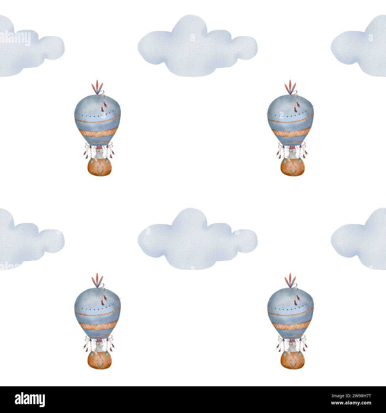 Boho balloon pattern with bunnies in a basket and clouds. Watercolor seamless background for children in gentle colors. Cute print for children's Stock Photo