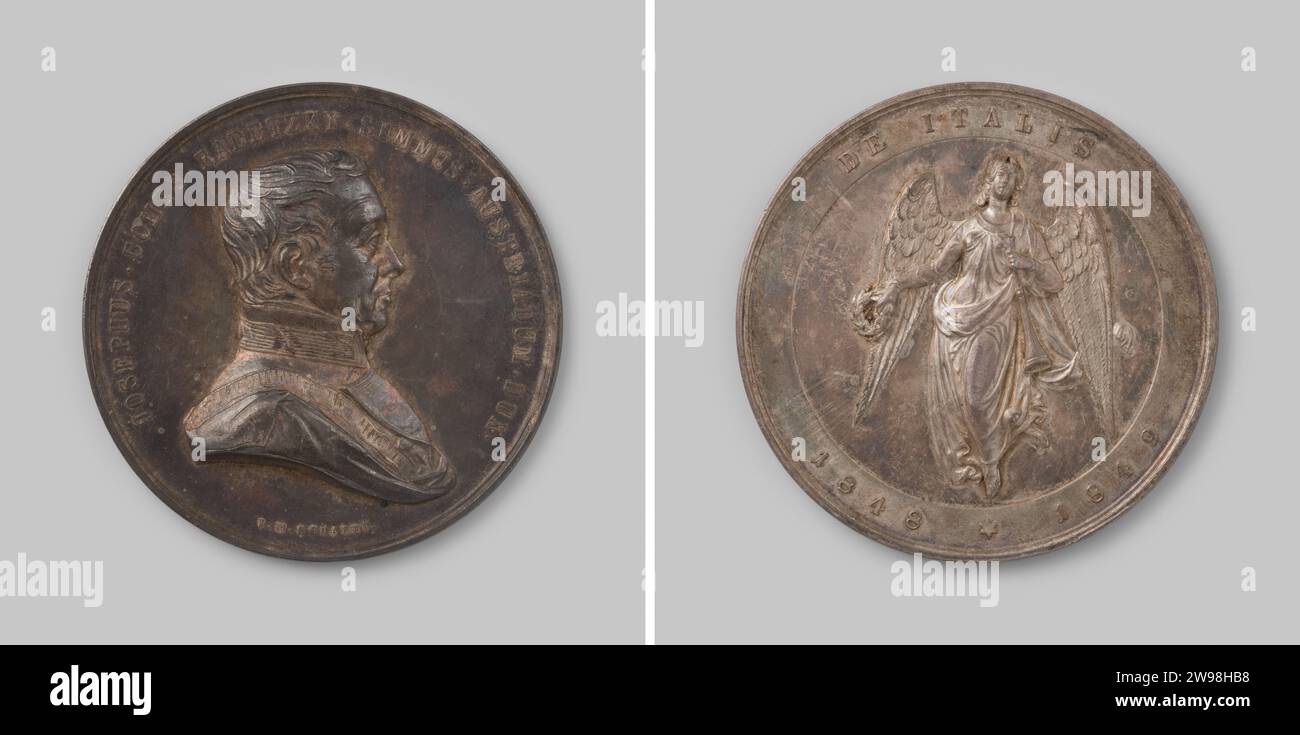 Victory of the Austrians under the Duke Radetzky on the Italians at Custoza and Novara, Johann Michael Scharff, 1850 history medal Silver medal. Front: breastpiece man inside change. Tours side: Angel with trumpet and laurel wreath inside in the Overschruise  silver (metal) striking (metalworking)  Custoza. Novara Stock Photo