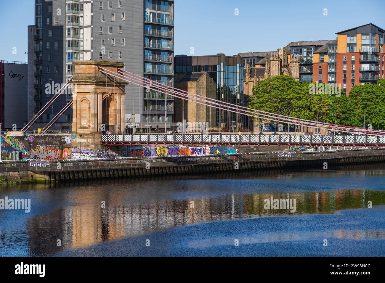 City of Glasgow with South Portland Street Suspension Bridge on River Clyde in Scotland, UK. Stock Photo