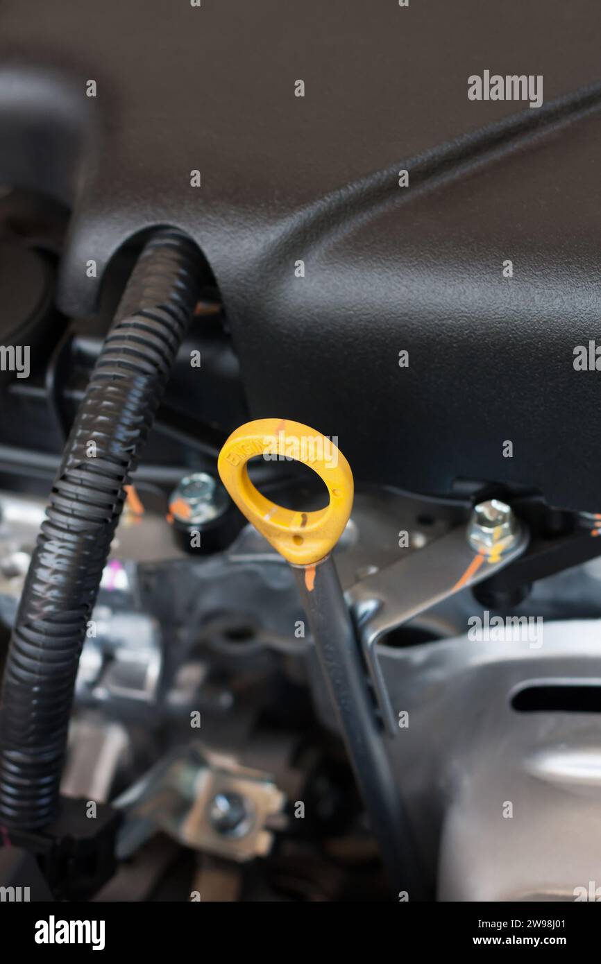 oil dipstick of car engine, check oil level Stock Photo Alamy