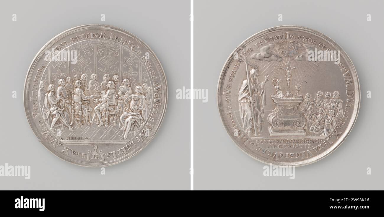 Peace in Aachen, Konrad Boehrer, 1748 history medal Silver medal. Front ...
