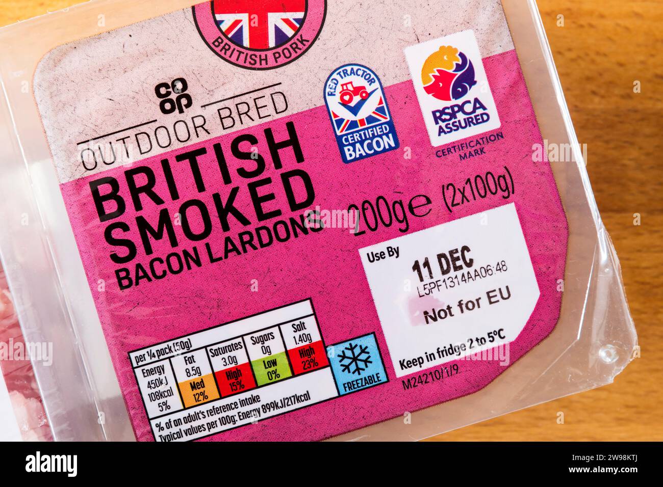 A packet of Co-Op Outdoor Bred British Smoked Bacon Lardons with a Not For EU label. Stock Photo