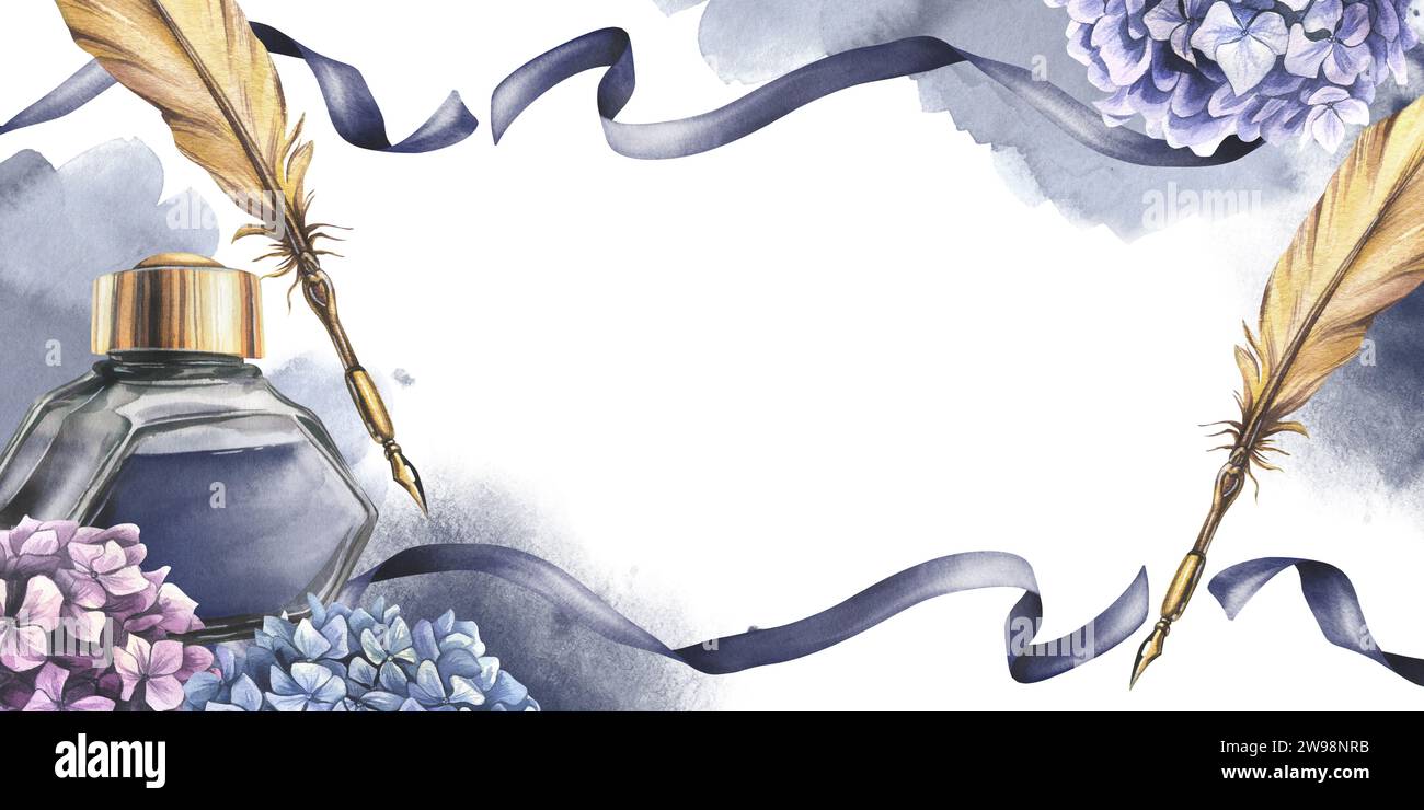 Inkwell with blue ink, gold pen, hydrangea flowers, ribbons, blots and ...