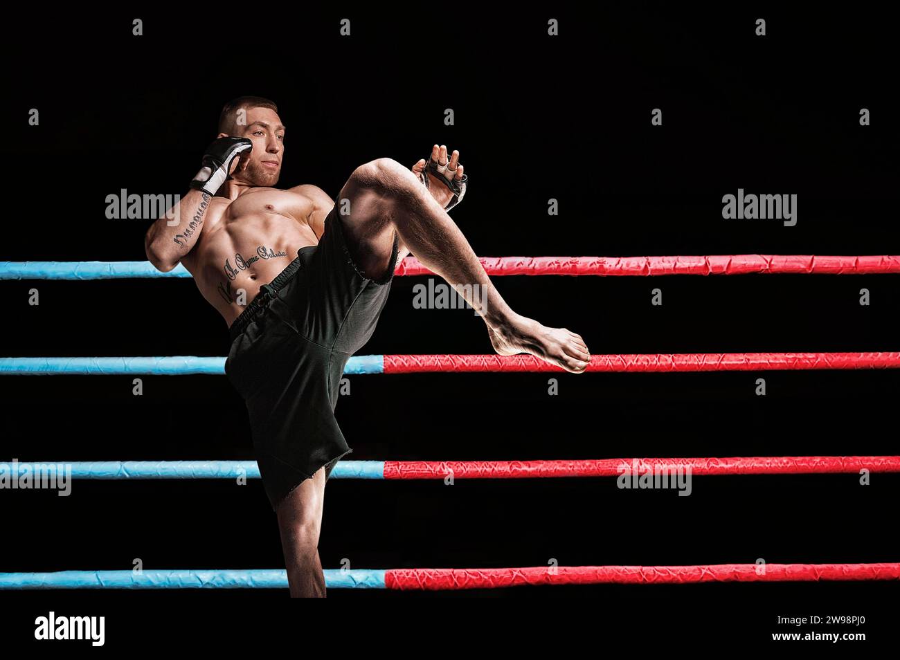 Thai boxer in the ring hits with a knee. The concept of sports, gyms