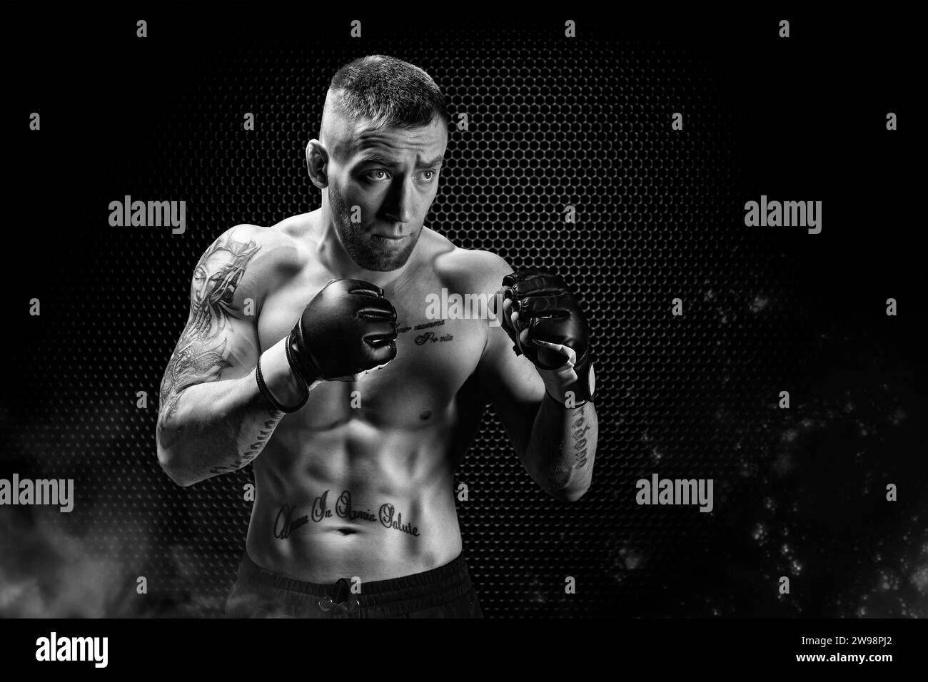 Mixed Martial Arts fighter posing on a metal grid background. Concept