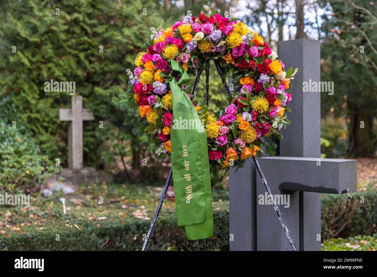 Funeral wreath with flowers at a grave, Germany Stock Photo Alamy