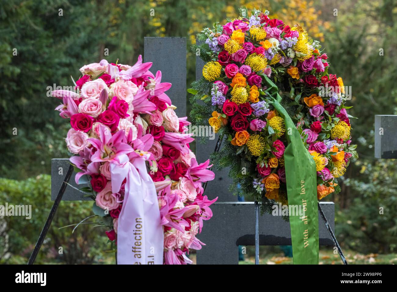 Funeral wreath with flowers at a grave, Germany Stock Photo Alamy