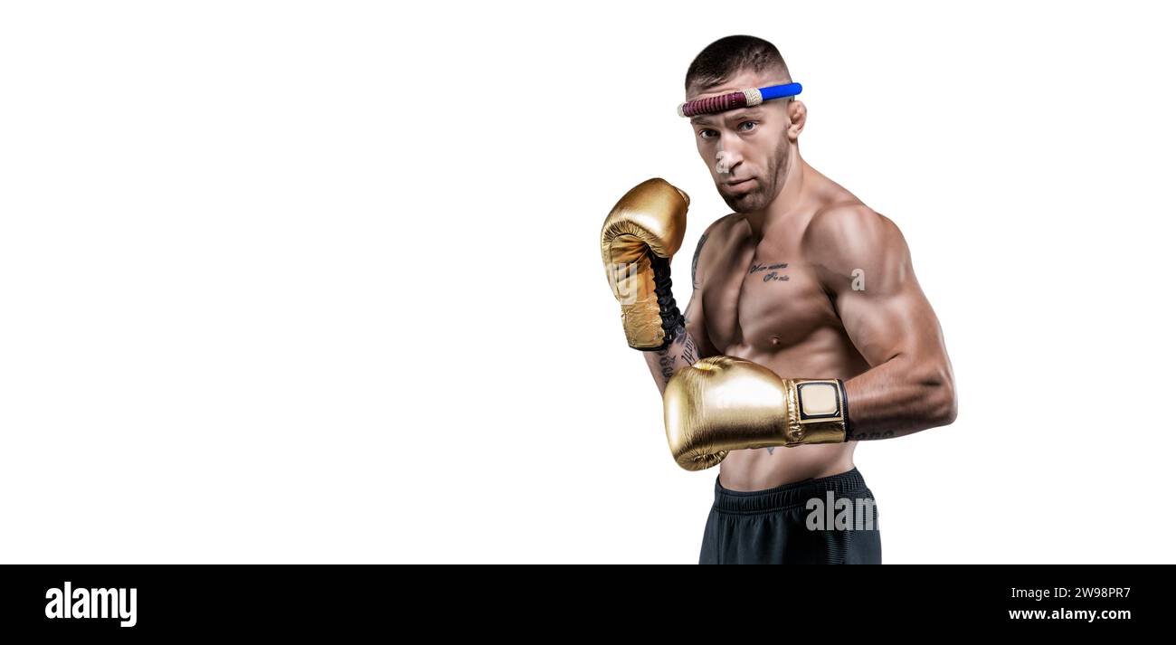 Portrait of a professional Thai boxer. Muay Thai, kickboxing, martial arts concept. Mixed media Stock Photo