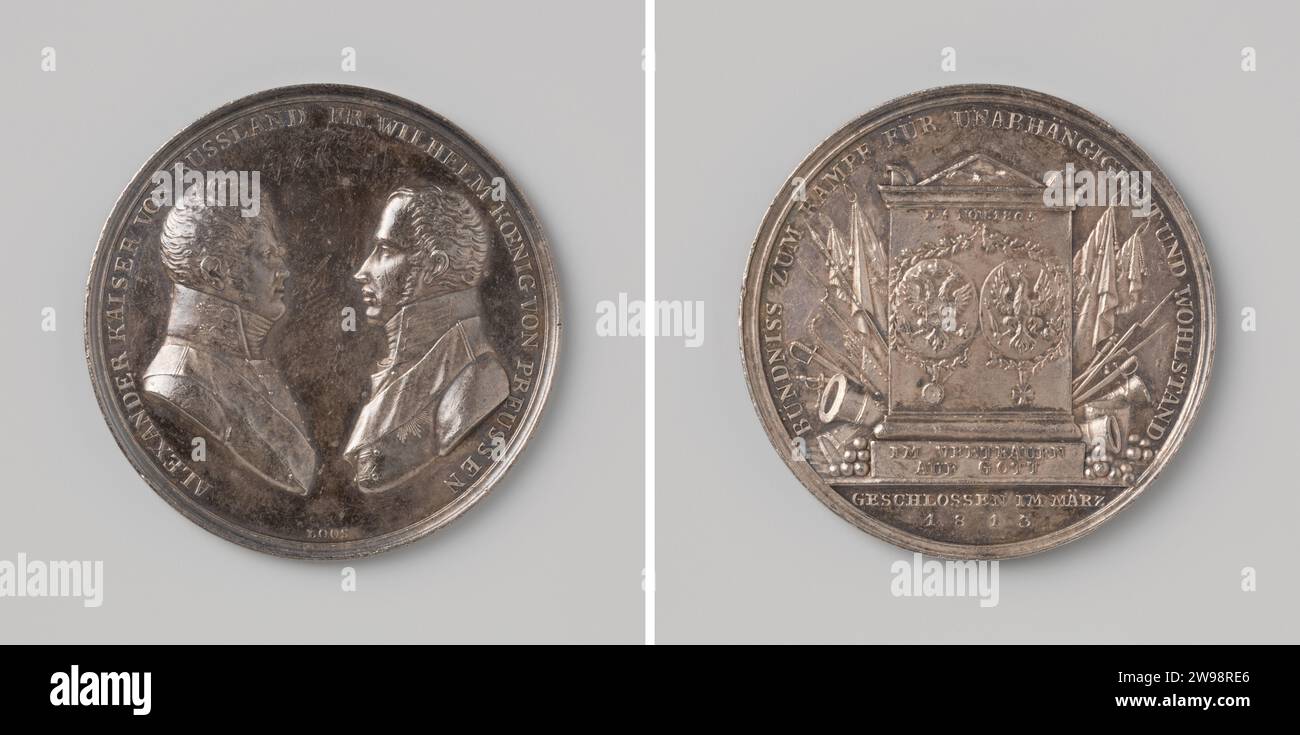 Treaty of Kalisch and Breslau, in honor of Alexander I, Tsar of Russia and Frederik Willem III, King of Prussia, Daniel Friedrich Loos, 1813 history medal Silver medal. Front: Towards desired breastpieces of two men inside Covering. Reverse: Monument, of which Fries wears two collapsed hands; middle part two with order -drawing coats of arms; and basic inscription in the midst of weaponry within the change; Cut: Inscription Berlin silver (metal) striking (metalworking)  Wroclaw. Kalisz Stock Photo