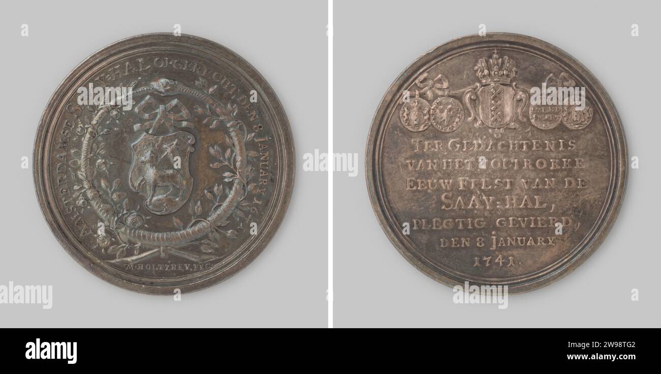 Centenary of the Saay-Hall in Amsterdam 1741, Martin Holtzhey, 1741 history medal Silver medal, on the front on a bow a coat of arms with the lamb of God within a snake's round wounded by rose branches, with a change and cut -out text, seven lines on the reverse side, above which a crowned Amsterdam coat of arms between the together stamps for Amsterdam paint and Amsterdams Black. Amsterdam silver (metal) striking (metalworking) Stock Photo