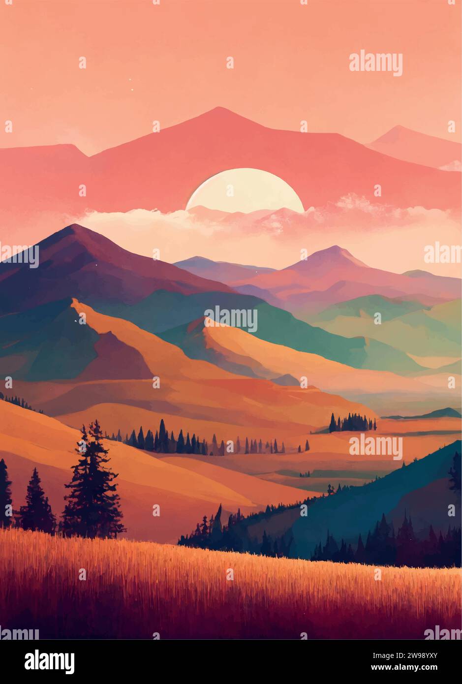 Beautiful sunset in the lake with hills and pine trees The mountains are calling and i'm not sure what this is. Stock Vector