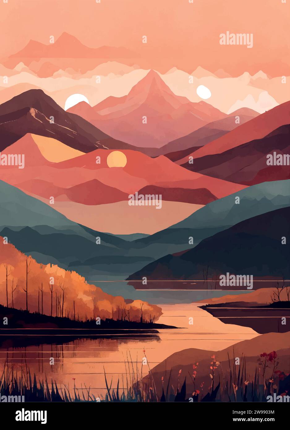 Beautiful sunset in the lake with hills and pine trees The mountains are calling and i'm not sure what this is. Stock Vector